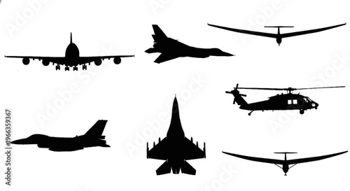 Silhouetted airplanes, fighter jets, helicopters, and gliders against white background. Suitable for aviation concepts and design projects.