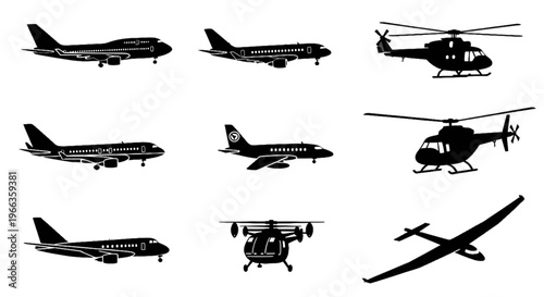 Silhouettes of planes, helicopters, and a glider. Perfect for aviation and travel designs, presentations, and educational materials needing aerial visuals.
