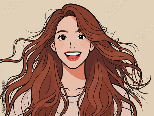 Young woman with long hair smiles in a simple background during daylight hours
