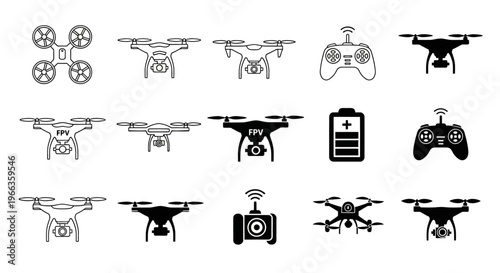 Drones and remote control equipment illustrations suitable for technology blogs, drone enthusiasts, robotics articles, and educational materials on aerial technology.
