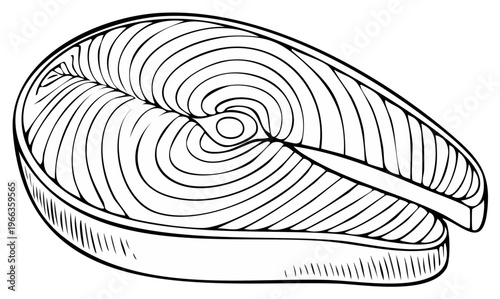 Black and White Line Drawing of a Fresh Salmon Steak