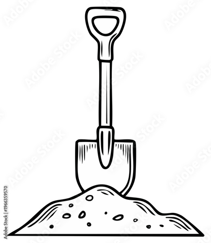 Black and white illustration of shovel in a pile of dirt.