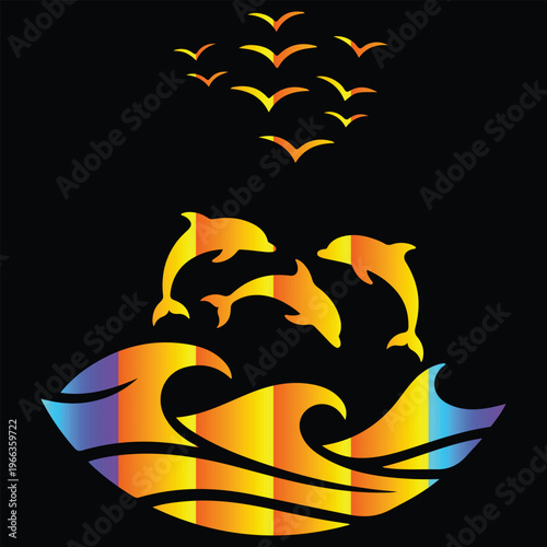 Dolphins leaping in ocean waves with birds, abstract marine wildlife vector, perfect for beach, travel logo, and summer themes.