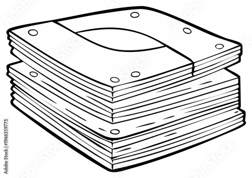 Stack of loose leaf paper notebooks in black and white illustration