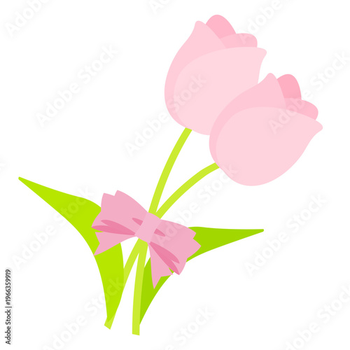 ピンクのチューリップ2本をリボンで結んだシンプルな花束イラスト｜かわいいミニブーケ