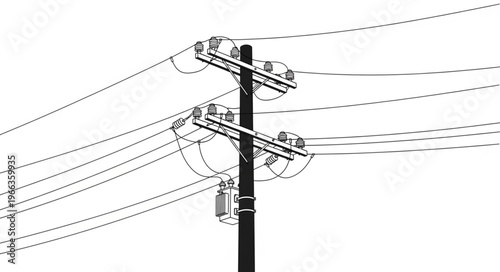 Illustration of a Power Pole with Electrical Wires and Insulators.
