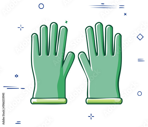 Pair of green cartoon-style cleaning gloves with simple decorative elements