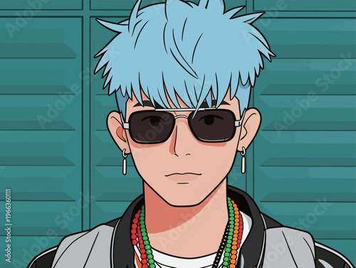 Young person with blue hair wearing sunglasses and accessories stands in front of a green background during a sunny day