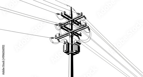 High-Voltage Power Lines and Utility Pole Illustration.
