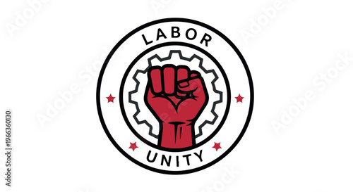 Close-up view of a labor unity logo with a red fist and gear on a white background.