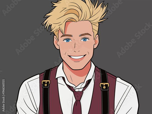 Young man with blonde hair smiling while wearing a shirt with suspenders and a tie in a simple grey background