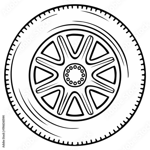 Cartoon car wheel illustration, monochrome drawing, automotive part