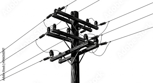 Detailed Illustration of a Wooden Utility Pole with Power Lines.