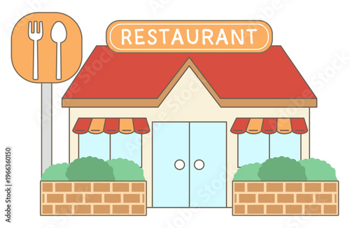 赤い屋根が特徴的なシンプルなファミリーレストランに、フォークとナイフが描かれたオレンジ色の看板が付いた外観