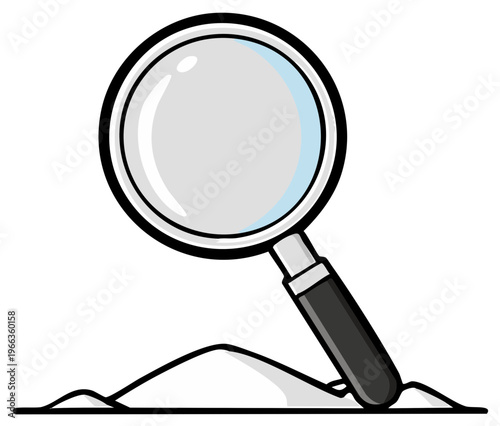 Magnifying glass examines a pile, search and discovery concept illustration
