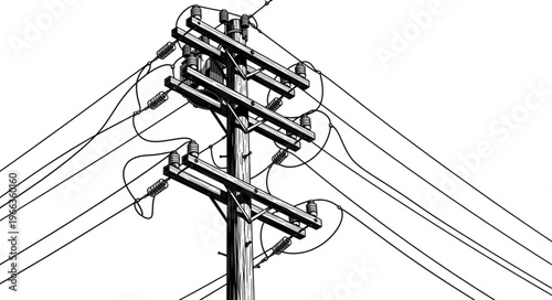 Detailed Line Art Illustration of a Utility Pole with Wires.