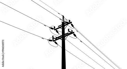 Silhouette of a Power Pole with Electrical Wires Against White Sky.