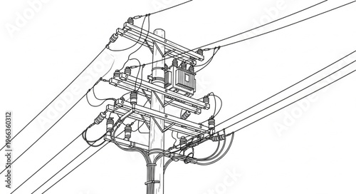 Detailed Line Drawing of a Power Pole and Electrical Wires.