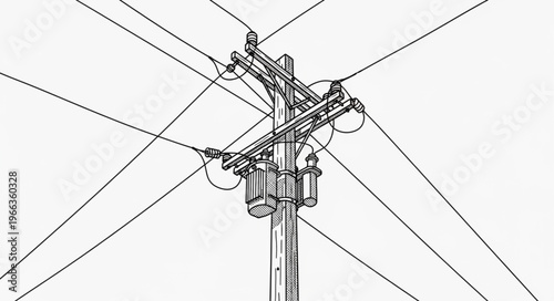 Detailed Line Art Illustration of a Utility Pole with Transformers.