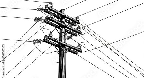 Detailed Line Art of a Utility Pole with Multiple Wires.