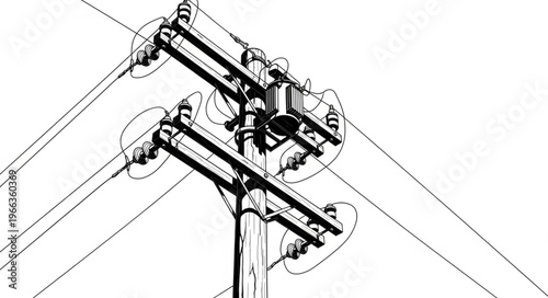 Detailed Illustration of a Utility Pole with Power Lines.