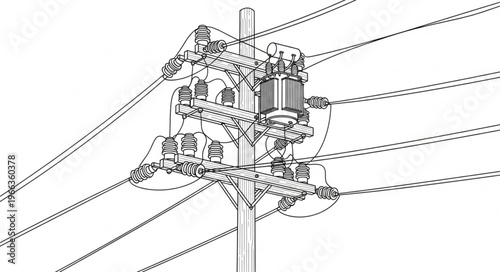 Detailed Line Art of a Utility Pole with Power Lines.