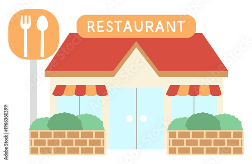 赤い屋根とフォーク＆ナイフ看板のファミリーレストランフラットイラスト｜親しみやすい飲食店外観