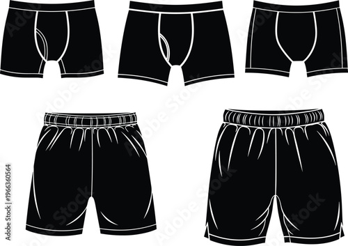 Men underwear and sport shorts vector set, boxer briefs and athletic shorts clothing template for apparel fashion design