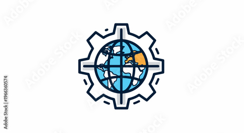 Flat design illustration of a gear with a globe inside, featuring a blue and orange color scheme on a white background.