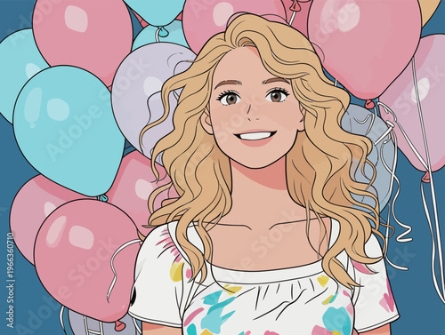 Smiling girl stands with colorful balloons at party in bright background during joyful celebration