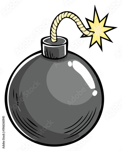 Cartoon Bomb with Lit Fuse Icon Symbol Explosive Ammunition Illustration