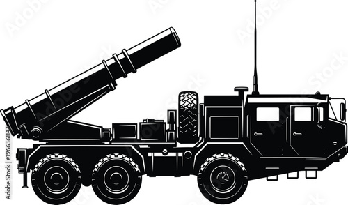 Military rocket launcher truck silhouette vector illustration showing armored artillery vehicle defense system heavy weapon transport design