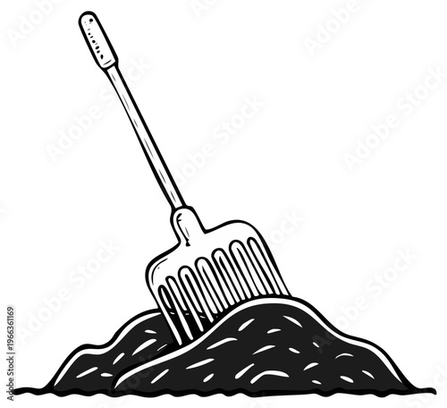 Illustration of a garden rake stuck in a pile of soil