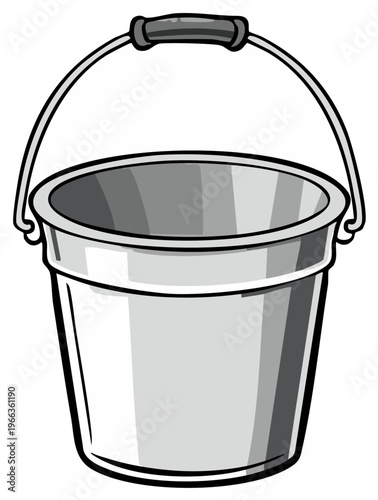 Silver metal bucket with carrying handle for liquid or solids and industrial use isolated illustration