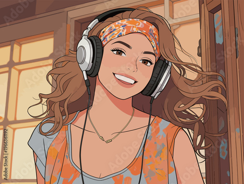 Young woman listening to music with headphones inside a bright room during daytime with natural light coming in