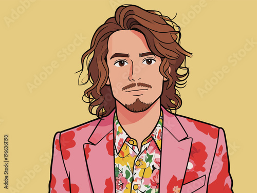 Drawing of a man with curly hair wearing a floral suit standing in front of a plain background