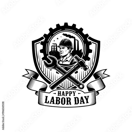 Strong Vintage Happy Labor Day Emblem Illustration for commemorating working class with tools, worker, and industrial symbols.svg
