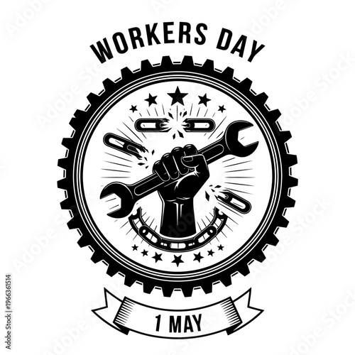 This Determined Vintage Style Workers Day Emblem for May 1st Celebrates Labor Solidarity and Empowerment for Working People.svg