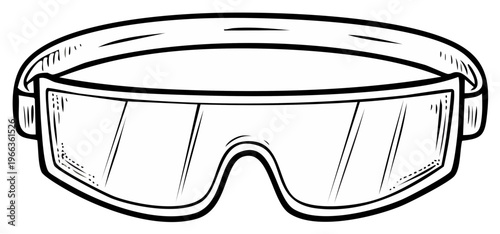 Stylized sketch of clear protective safety goggles with a strap for eye protection