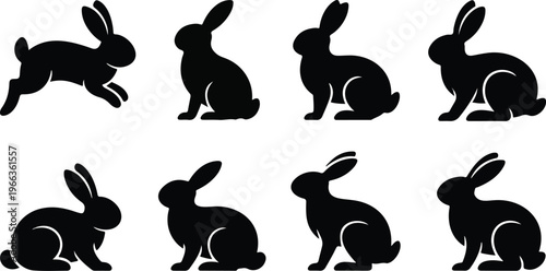Flat minimalist illustration of eight rabbit silhouettes showing long ears, rounded bodies, tails, and different active poses black vector design