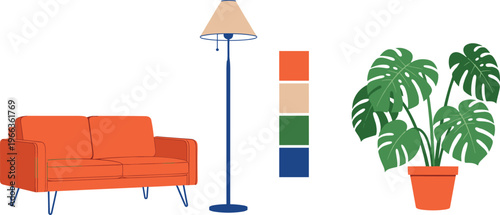 Modern living room furniture illustration sofa floor lamp monstera plant color palette flat vector home interior design concept