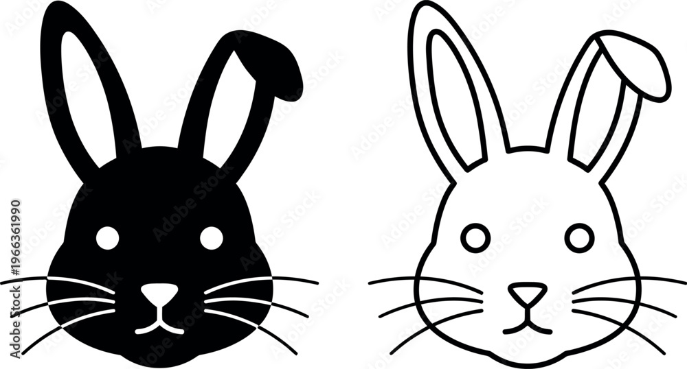 Fototapeta premium Bunny Rabbit Head Icon Set in Silhouette and Outline Style