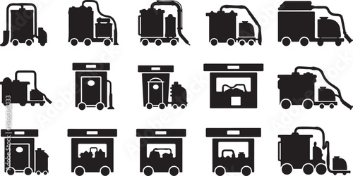 Collection of various garbage truck icons in black silhouette