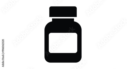 Simple black silhouette vector graphic illustration of a small prescription or supplement bottle with a blank label area awaiting text input.