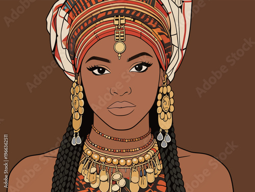 Woman wearing traditional head wrap and jewelry poses against a brown background while showing cultural heritage