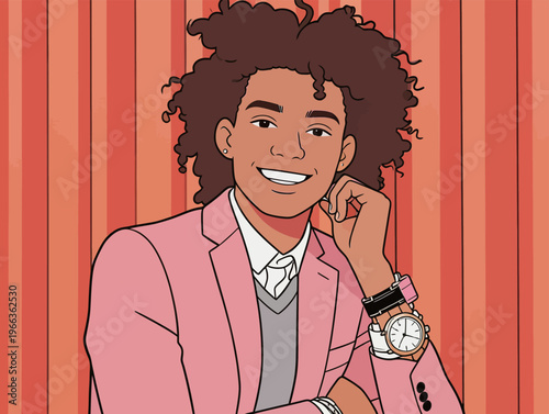 Young man sits in a pink suit with a watch and smiles against a striped backdrop during a photo session