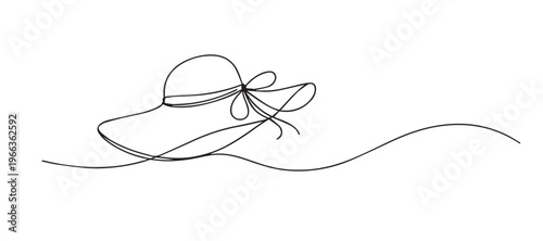 single line women beach hat.continuous line drawing of wide brim summer hat.fashion accessory concept.one line vector illustration.