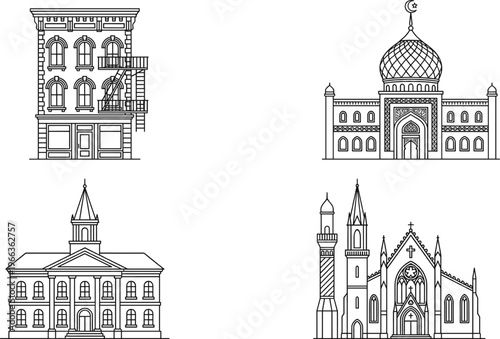 Architecture building line art set mosque church house classic facade landmark city urban vector illustration collection outline design