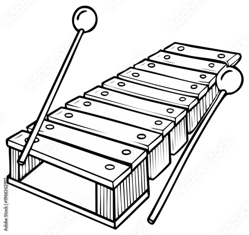 Black and white illustration of a xylophone with mallets, a musical instrument with bars and strikers.