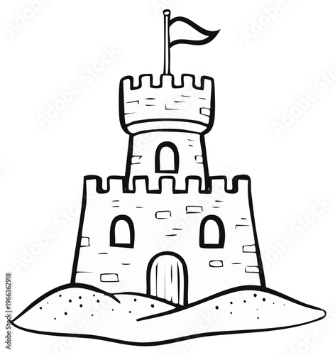 Hand drawn sketch of a sand castle with a tower and flag for a children's summer coloring book page
